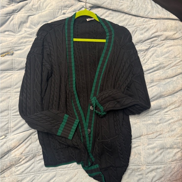 Zara Green and Navy‎  Cardigan with Cable Knit Texture - Picture 1 of 4